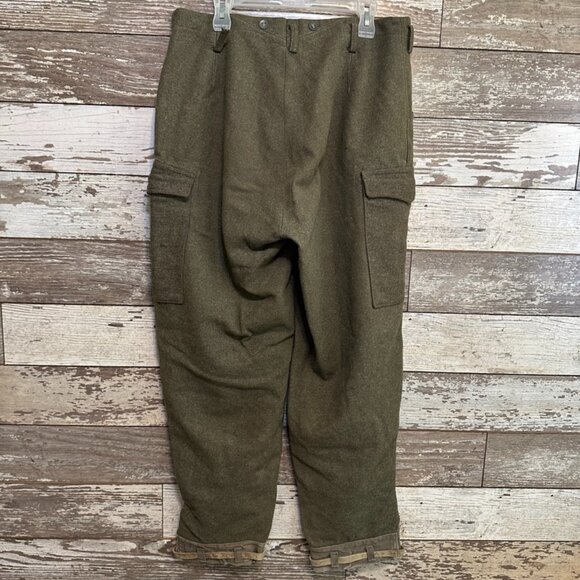 Vintage WWII 40s Wool Military Army Green Cargo Pants w/ Leather Ankle Straps - Picture 2 of 9